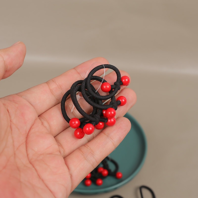 Bộ 10 Dây Thun Cột Tóc Đính Hạt Nhỏ Màu Đỏ Xinh Xắn Cho Bé Gái