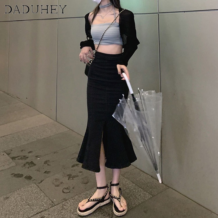 Ảnh DaDuHey New Korean Version of Ulzzang Ruffled Denim Skirt High Waist Black Slim Slit Bag Hip Mermaid Skirt 3