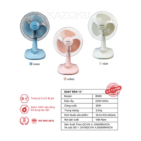 Quạt Bàn Cao Cấp Gentle Wind 12 inch - Dương, Hồng, Kem - Vua Đồ Gia Dụng Kazoku [QB]