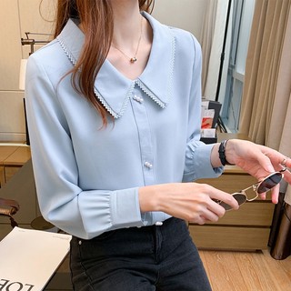Áo Sơ Mi Chiffon Tay Dài Cổ Búp Bê Phối Ren Thời Trang Dành Cho Nữ
