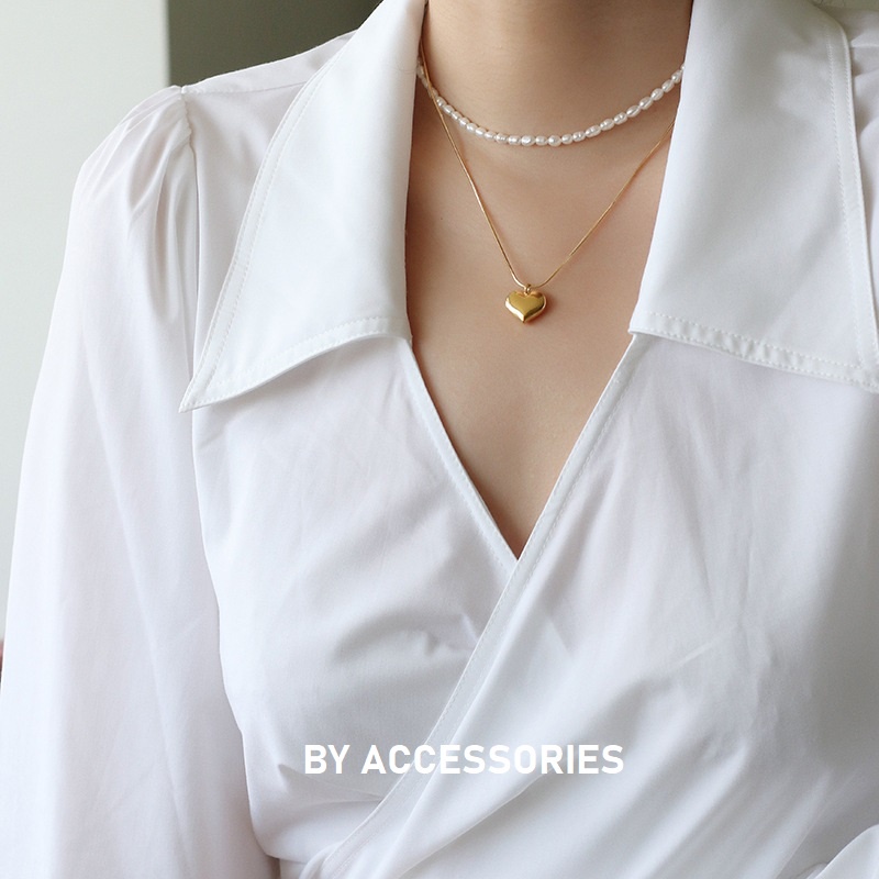 Dây chuyền nữ titan kiểu mì phối mặt trái tim vintage mạ vàng 18K không gỉ WN2310