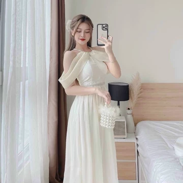 Đầm xòe dự tiệc voan chiffon có lót phối dây cườm màu đầm trắng kiểu đầm dự tiệc sang trọng thời trang nữ ARAVA