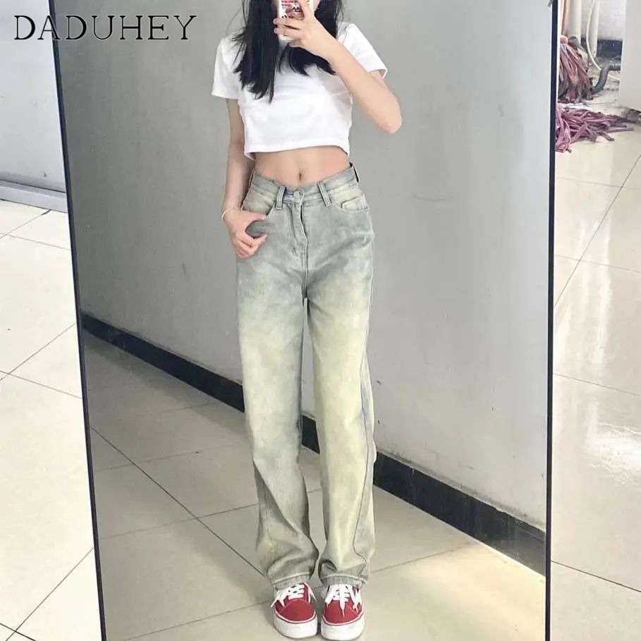 Ảnh Quần jean DADUHEY giặt sờn màu vàng bùn lưng cao ống suông rộng phong cách Mỹ đường phố retro mới cho nữ 3