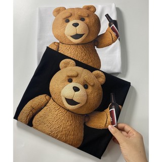 Áo Phông Cộc Tay Cổ Tròn Phối Họa Tiết Gấu Bearr Chai Rượu Thoáng Khí, Cotton Khoo 100% Mềm Mịn