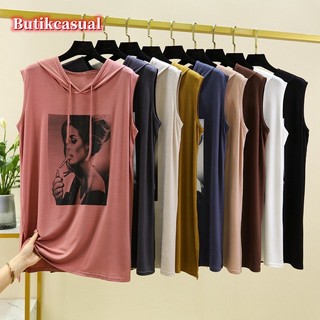 Áo thun nữ có mũ trùm đầu cotton mùa xuân hè Áo không tay in hình dáng rộng giản dị mỏng cỡ lớn