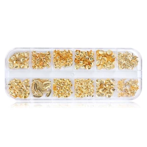 OXXGGKAO 12 Lưới Hộp Móng Tay Nghệ Thuật Trang Trí Chất Làm Đầy Hỗn Hợp Lấp Lánh Vàng Đại Dương Kim Loại Quyến Rũ