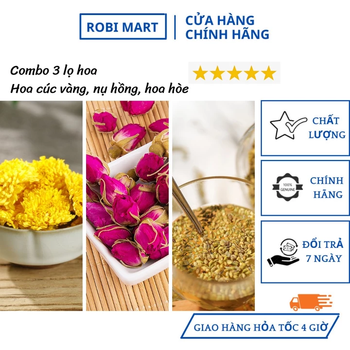 Combo 3 lọ trà hoa sấy khô robimart (hoa cúc vàng, nụ hoa hồng, hoa hòe) đẹp da, tốt cho sức khỏe