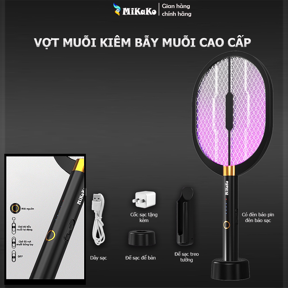 Vợt Muỗi Kiêm Bẫy Đèn Bắt Muỗi MiKaKo V36D 3 trong 1 an toàn chống giật, Pin sạc 1200mAh