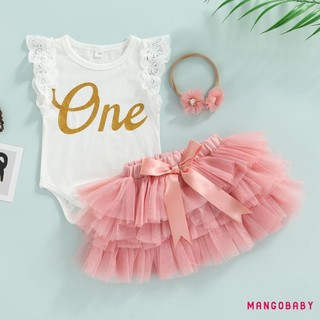 Mg-baby Girl 's 3 Mảnh Phù Hợp Với Chữ Thời Trang Ren Bay Tay Áo Liền Quần Và Nơ Gạc Váy Ngắn & Băng Đô