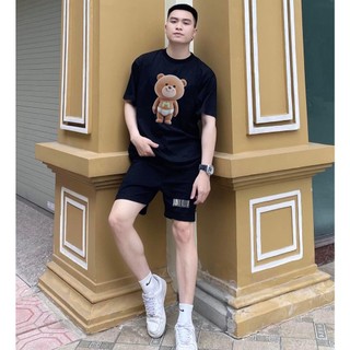 Áo Phông Cộc Tay Cổ Tròn Phối Họa Tiết Gấu Bearr Chai Rượu Thoáng Khí, Cotton Khoo 100% Mềm Mịn