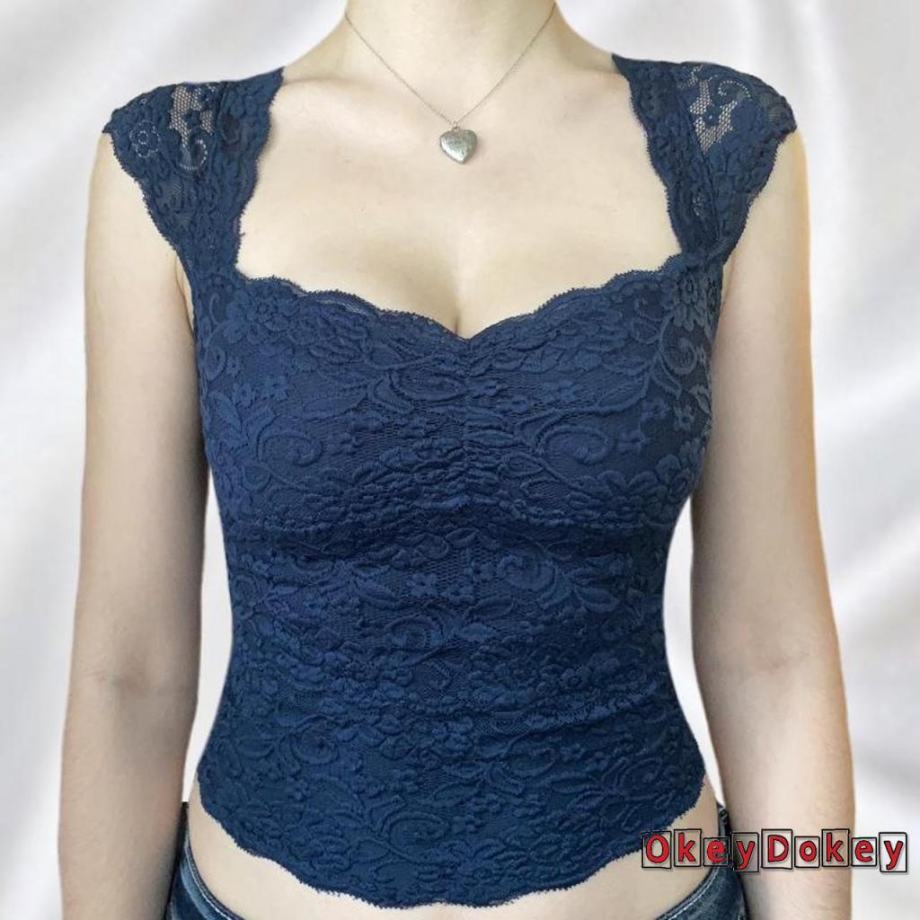 Áo Tank Top Mini Phối Ren Xuyên Thấu Phong Cách Vintage Thanh Lịch Cho Nữ