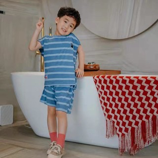 Áo Vest Bé Trai Sọc, Áo Thun, Quần Short Không Tay Cotton Nguyên Chất Bộ Đồ Hai Mảnh