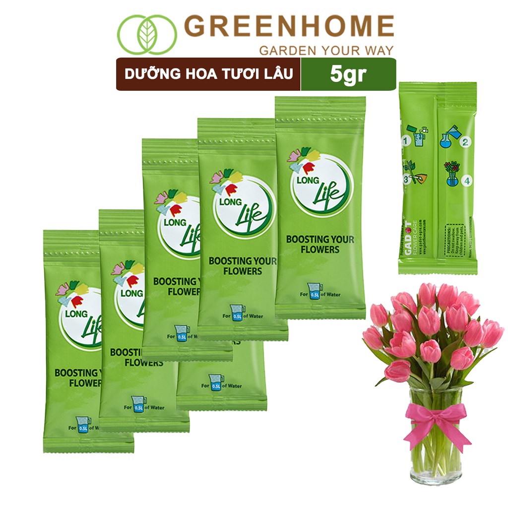 30 gói Dưỡng hoa tươi lâu longlife Greenhome, phân bón cho hoa cắt cành gói 5gr, lâu tàn, nở bông to, không bị hôi nước