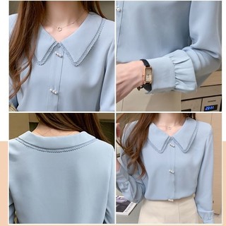Áo Sơ Mi Chiffon Tay Dài Cổ Búp Bê Phối Ren Thời Trang Dành Cho Nữ