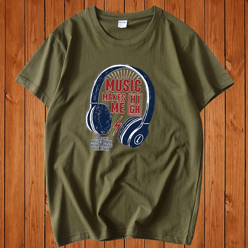 Áo Thun Nam Form Rộng HappyTee - Mẫu Họa Tiết Tai Nghe MUSIC MAKE ME HIGH Chất Vải Cotton 100-Màu Trắng Đen Xám Xanh Rêu