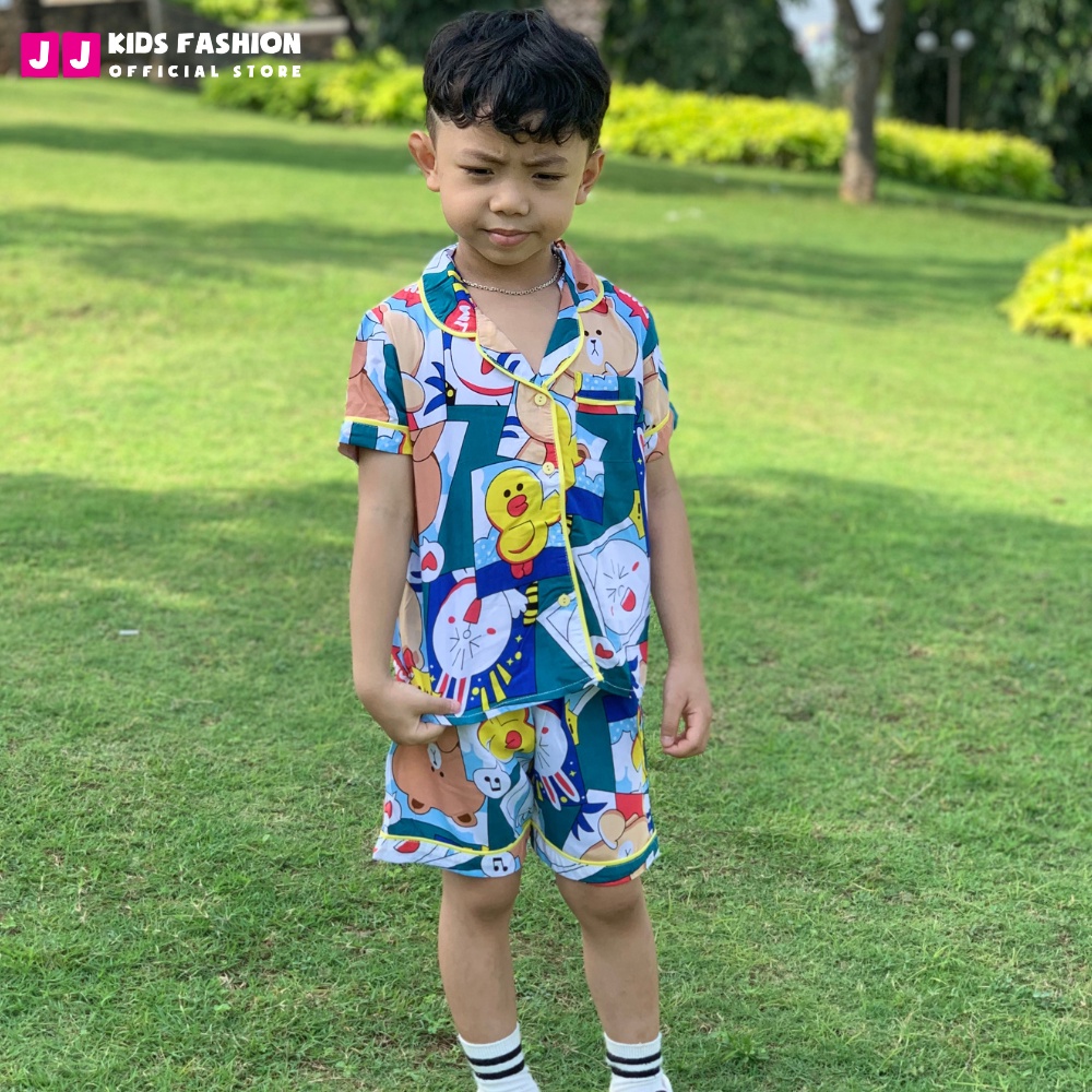 Bộ bé trai mùa hè JJ KIDS Pijama lụa mềm mại, in hình thú dễ thương 2,3,4,5,6,7,8,9,10,11,12 tuổi