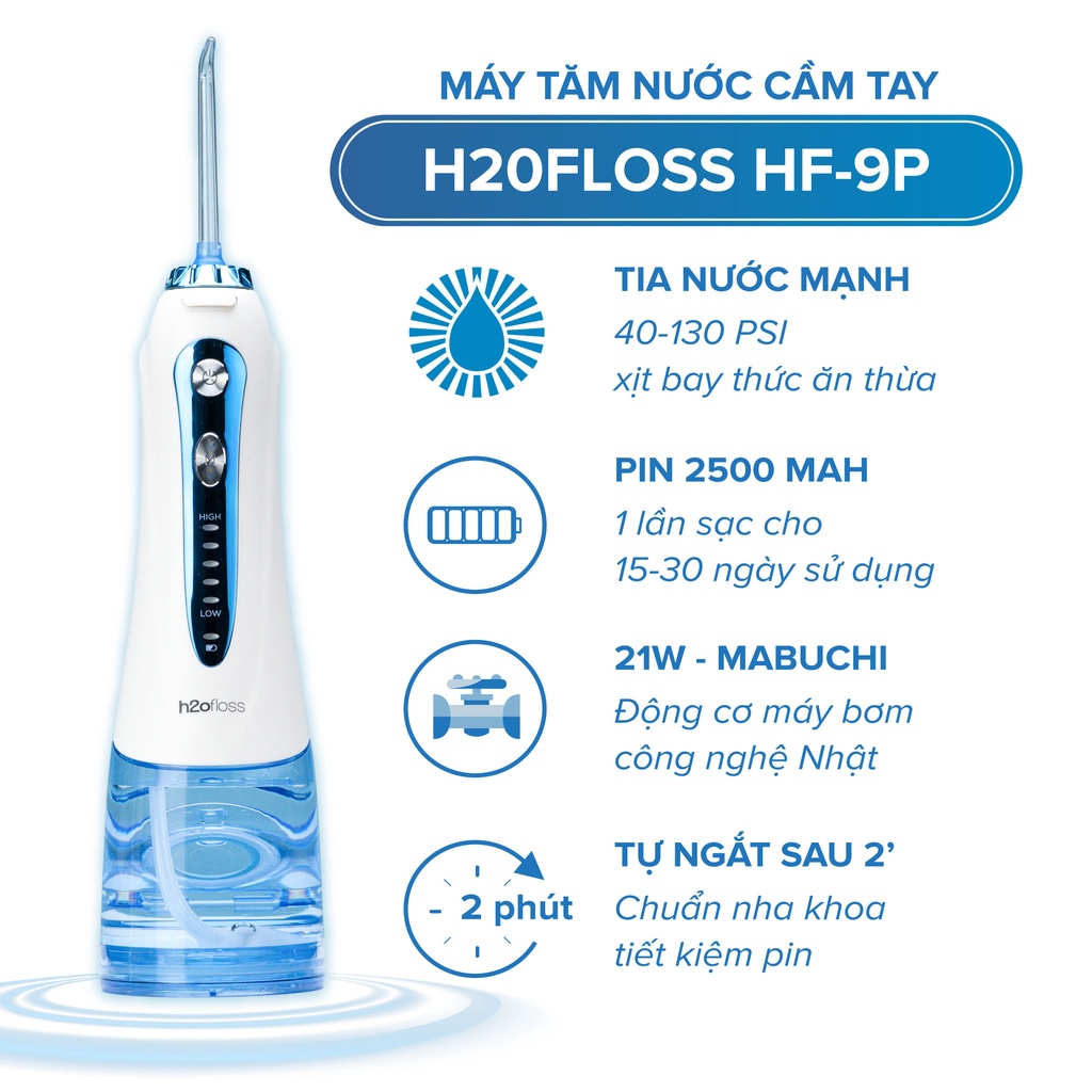 Ảnh Máy Tăm Nước H2oFloss HF9P 5 Cấp Độ Tia Nước, Lực Bắn 130PSI, Pin 2500mAh, Dung tích 300ml, Đổi Mới 12 tháng, Tặng Túi 2