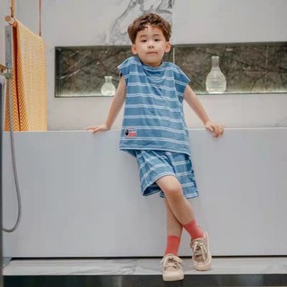 Áo Vest Bé Trai Sọc, Áo Thun, Quần Short Không Tay Cotton Nguyên Chất Bộ Đồ Hai Mảnh
