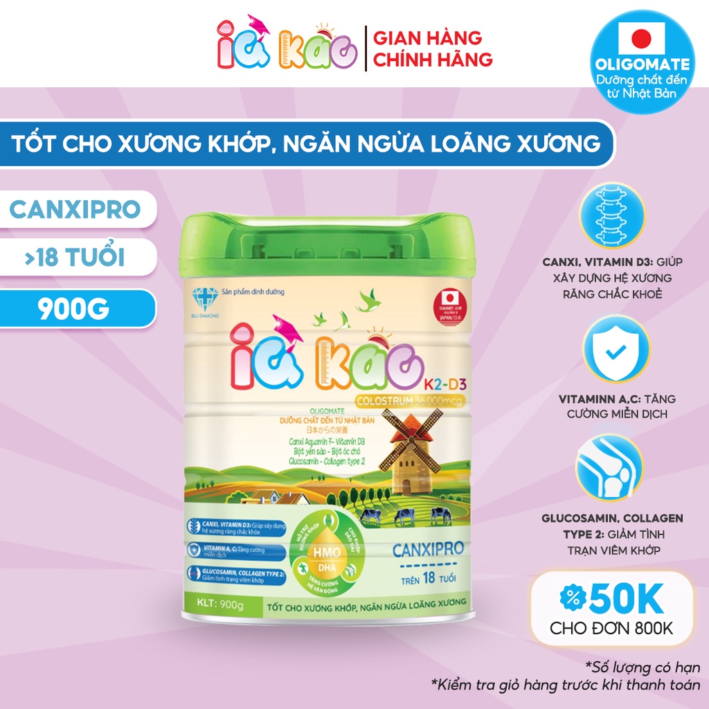 Sữa bột IQ KAO CANXI PRO dành cho người trên 18 tuổi tốt cho xương khớp và tim mạch, ngăn ngừa loãng xương hộp 900g