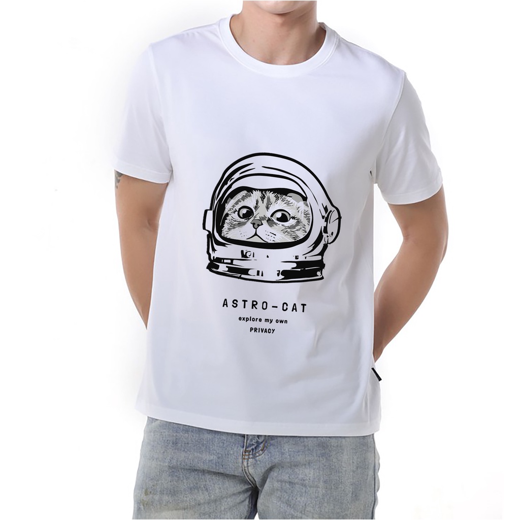 Áo thun trắng in hình Astro Cat co dãn thấm hút mồ hôi đủ size 40-100kg form rộng Basetee Unisex