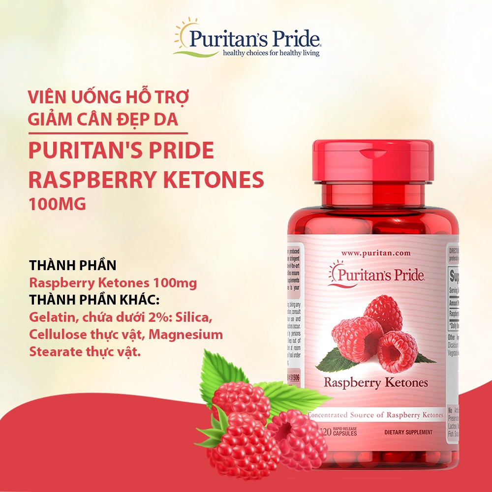 Hỗ trợ giảm cân đẹp dáng, giảm lượng cholesterol trong máu Raspberry Ketones 100mg 120 viên Puritan’s Pride của Mỹ