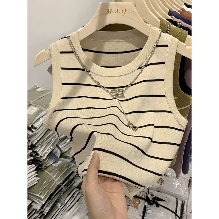 Áo Crop top cạp cao SUXI sọc nữ mùa hè Slim Fit Áo không tay
