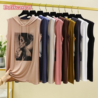 Áo thun nữ có mũ trùm đầu cotton mùa xuân hè Áo không tay in hình dáng rộng giản dị mỏng cỡ lớn