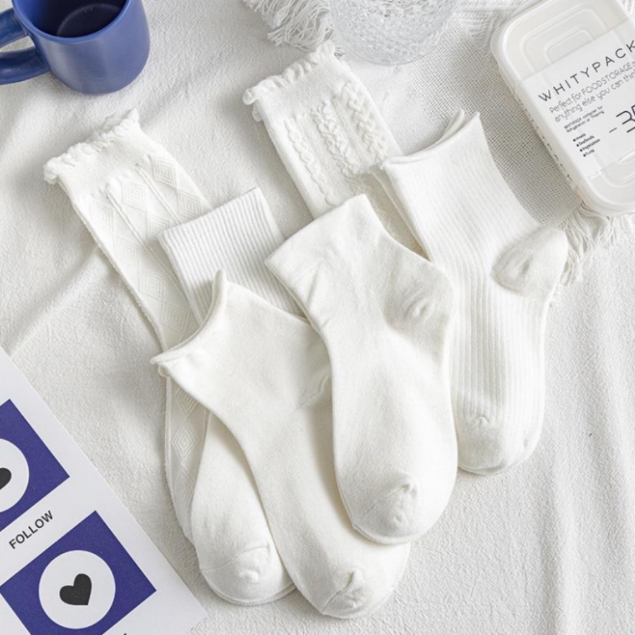 Vớ cổ cao nữ trắng 3B phong cách Hàn Quốc nhiều mẫu Lolita chất Cotton pha co giãn, khử mùi, thoáng khí