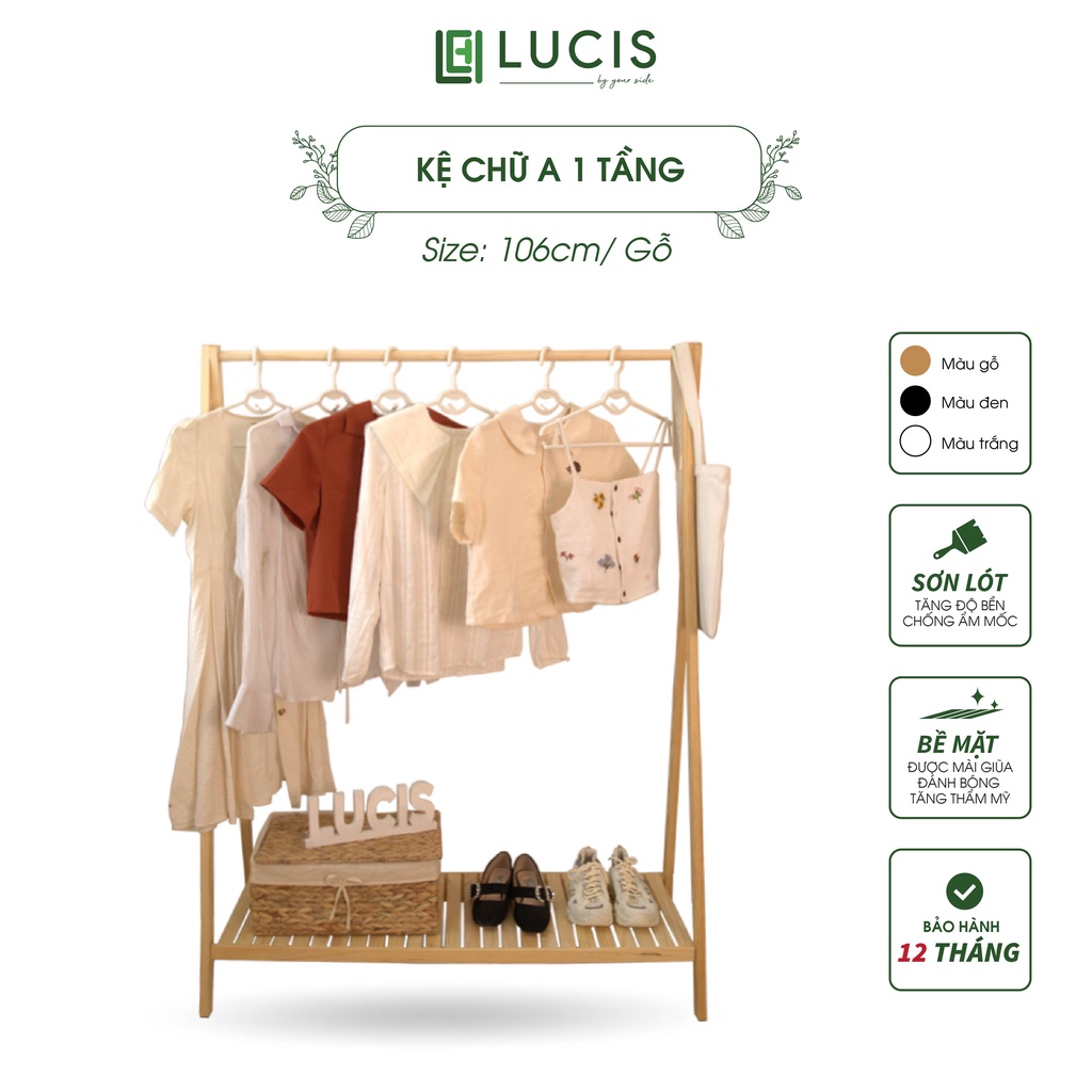 Kệ treo quần áo chữ A 1 tầng màu gỗ LUCIS size 106cm đa năng phong cách Hàn Quốc