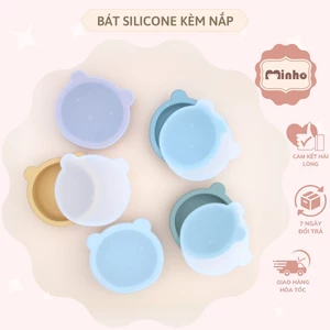 Bát ăn dặm kèm nắp đậy hình gấu có đế hít chống đổ
