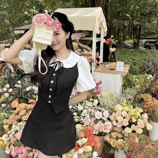[S2.3052] Set 3 Món Áo Sơmi Tay Bồng Mix Gile +Chân Váy Linen 2 Lớp Có Ảnh Thật