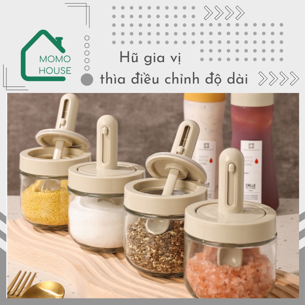 Hũ Đựng Gia Vị Thuỷ Tinh Nâng Cấp Thìa Điều Chỉnh Độ Dài MOMOHOUSE, Hộp Đựng Gia Vị Nắp Nhựa Cao Cấp 300ml