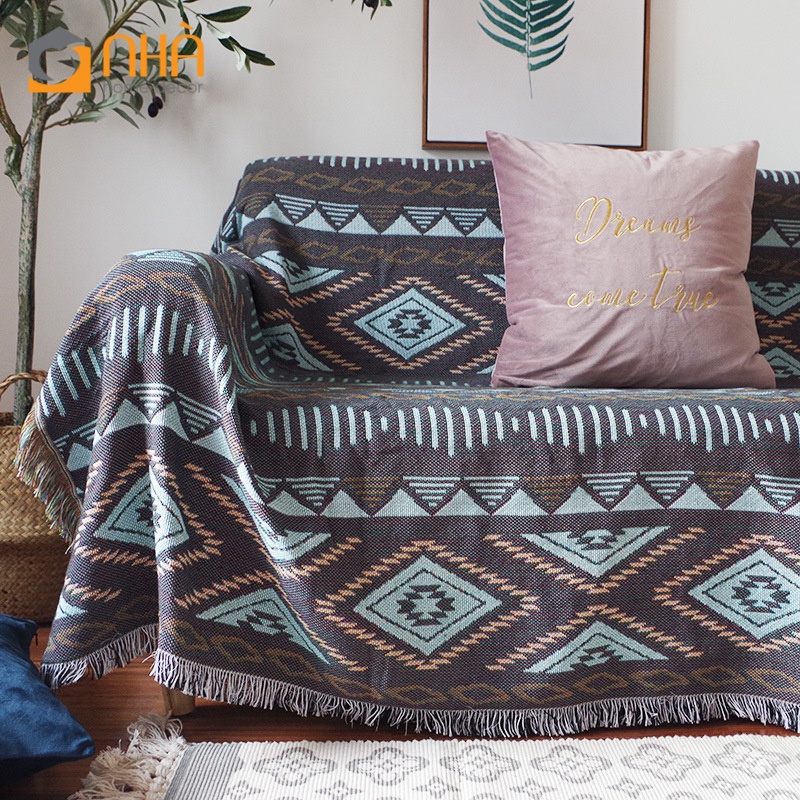 Thảm Phủ Sofa Trang Trí Homestay Họa Tiết Thổ Cẩm Sang Trọng