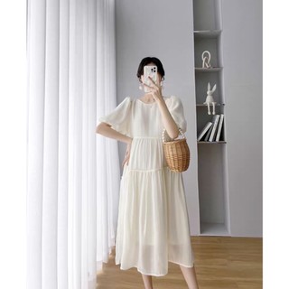 Đầm bầu xinh babydoll màu kem Viba [VB71] thiết kế 3 tầng chất liệu tơ óng mềm mại phù hợp đi chơi đi tiệc