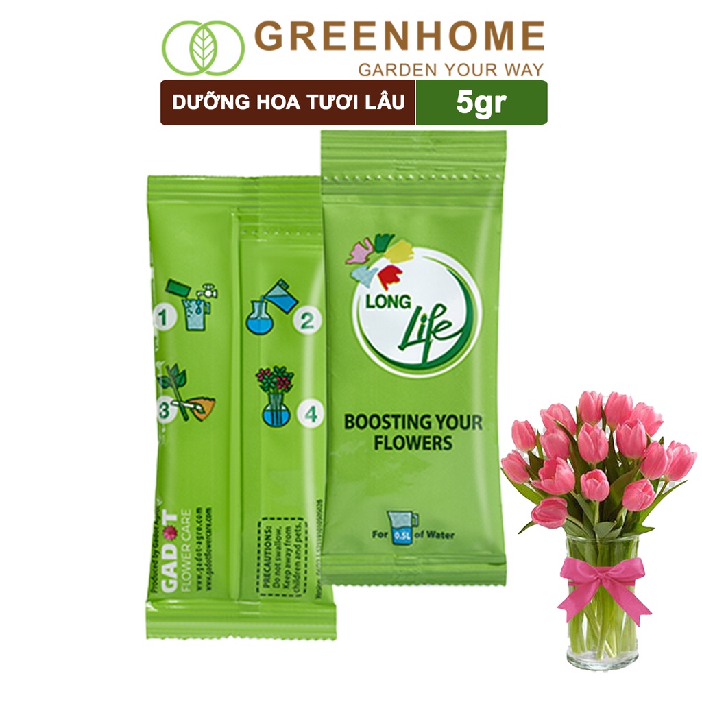 Dưỡng hoa tươi lâu longlife Greenhome, phân bón cho hoa cắt cành, gói 5gr, lâu tàn, nở bông to, không bị hôi nước