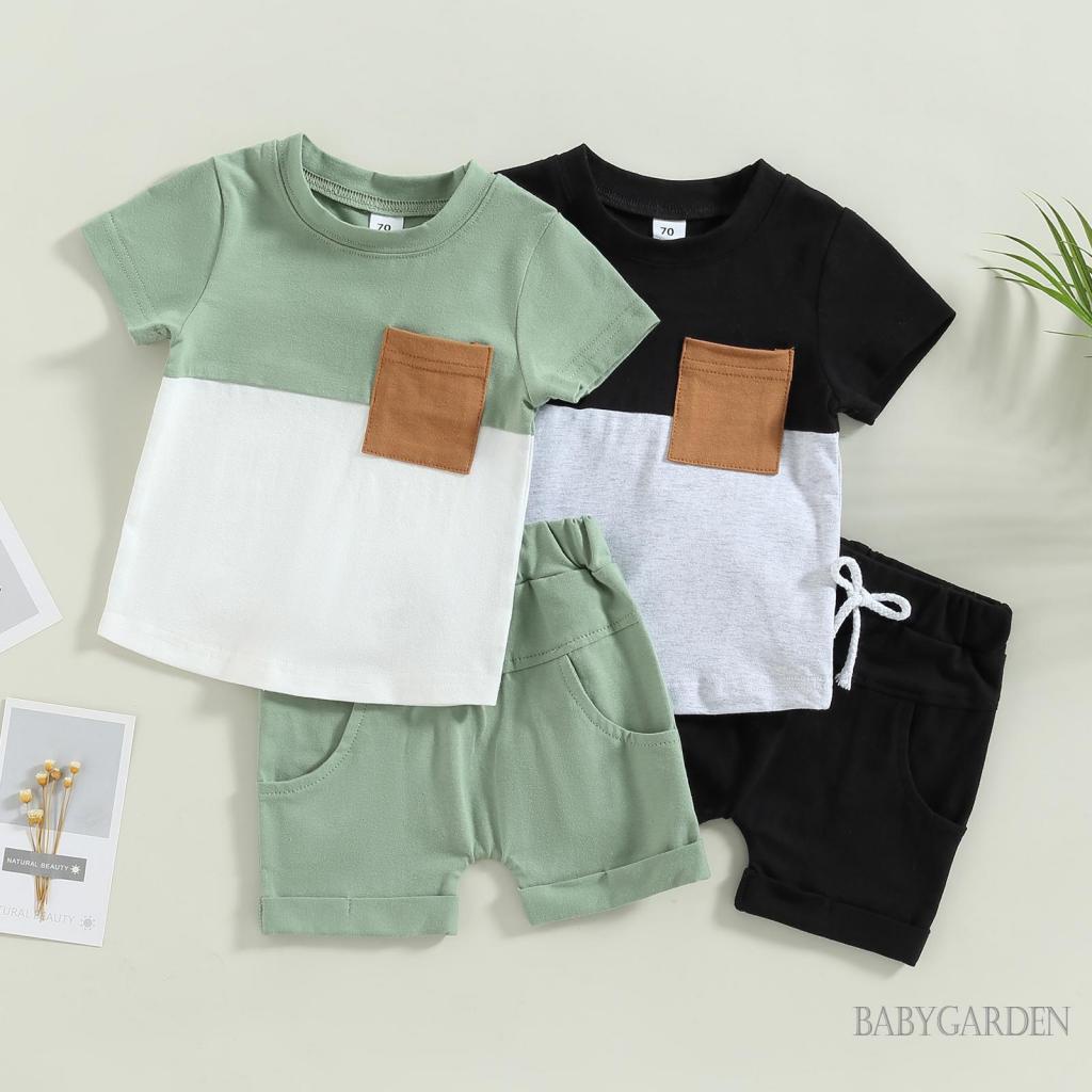 Set Áo Thun Tay Ngắn & Quần Short Rút Dây Màu Sắc Tương Phản Cho Bé Trai 0-3 Tuổi