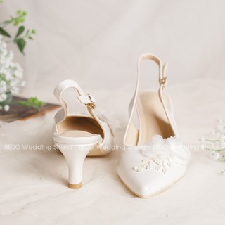 Giày Cao Gót Nữ Cao Cấp BEJO H82.03 Trắng Đính Hoa Voan Lụa Thanh Lịch - Giày Cưới Cô Dâu Đi Êm Chân