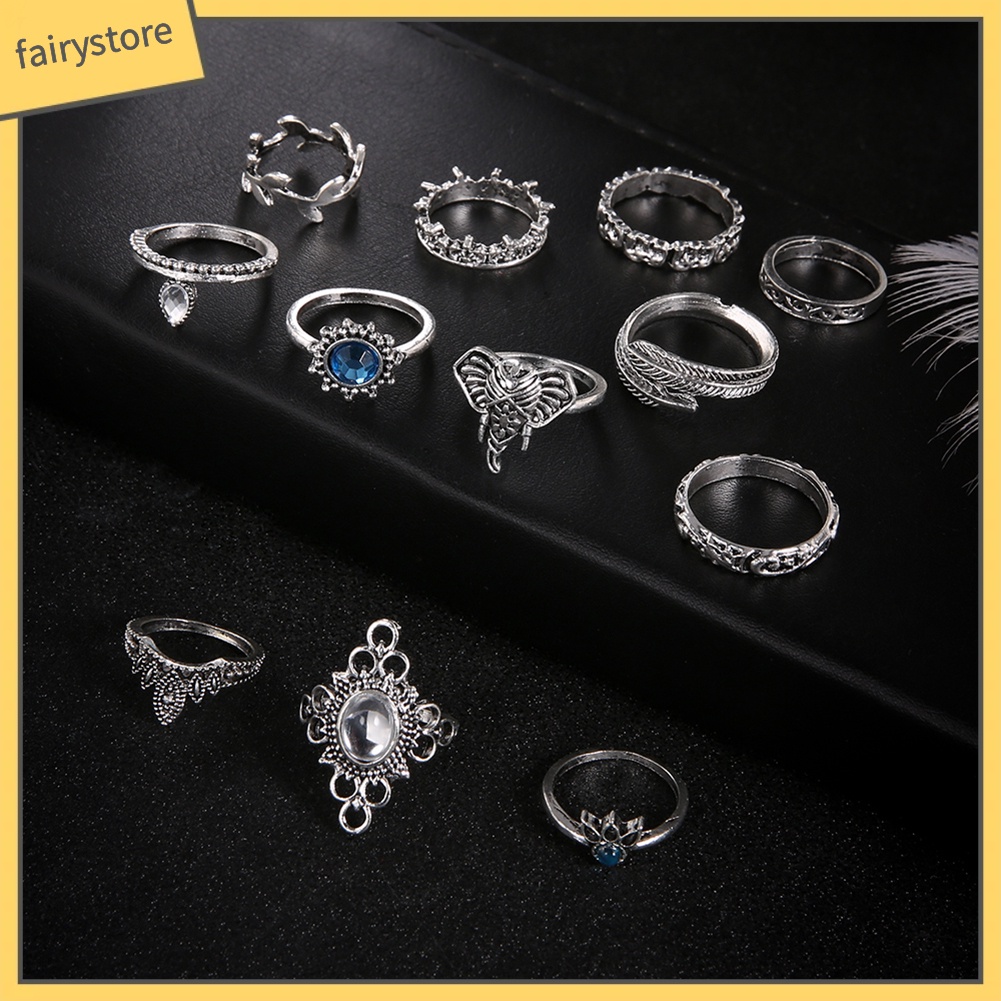 Set 12 Nhẫn Đeo Khớp Ngón Tay Đính Đá Phong Cách Boho Cổ Điển Dành Cho Nữ [Fairy1]
