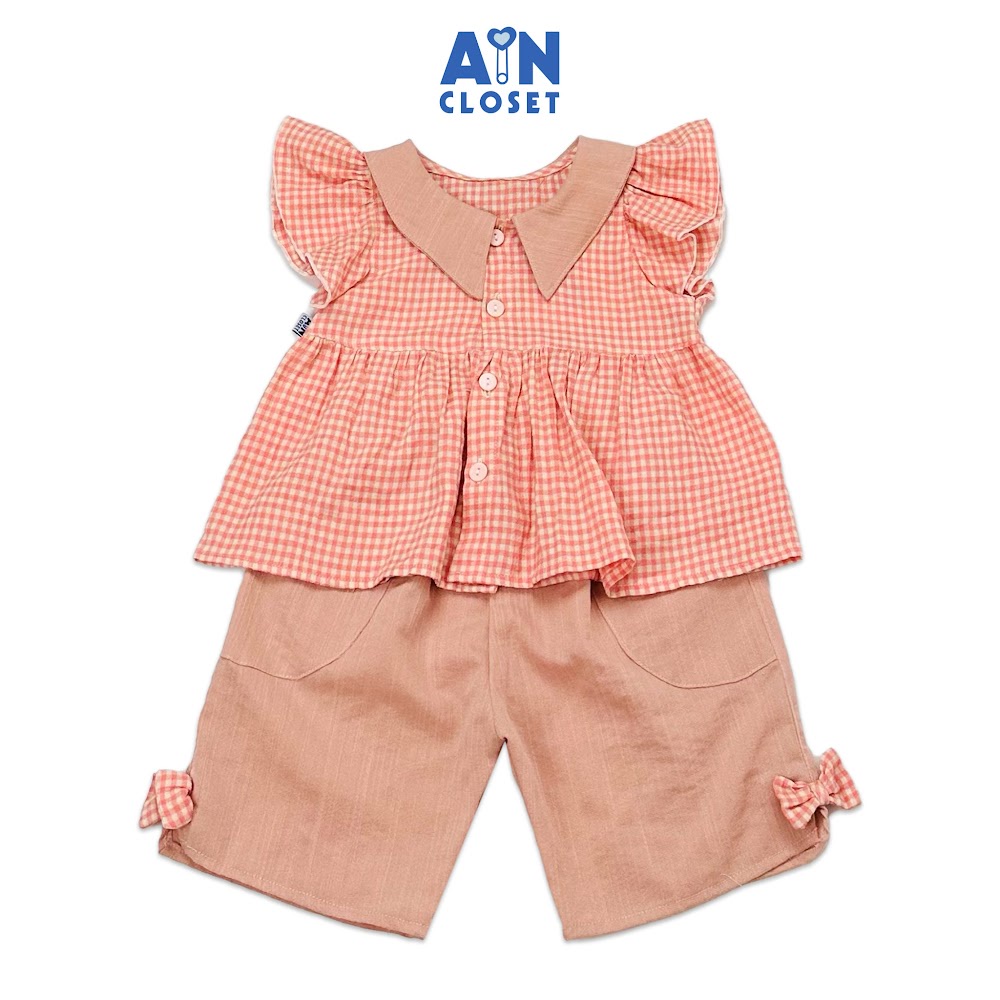 Bộ quần áo lửng bé gái họa tiết Sơ mi Caro hồng cam cotton - AICDBGCNEGQJ - AIN Closet