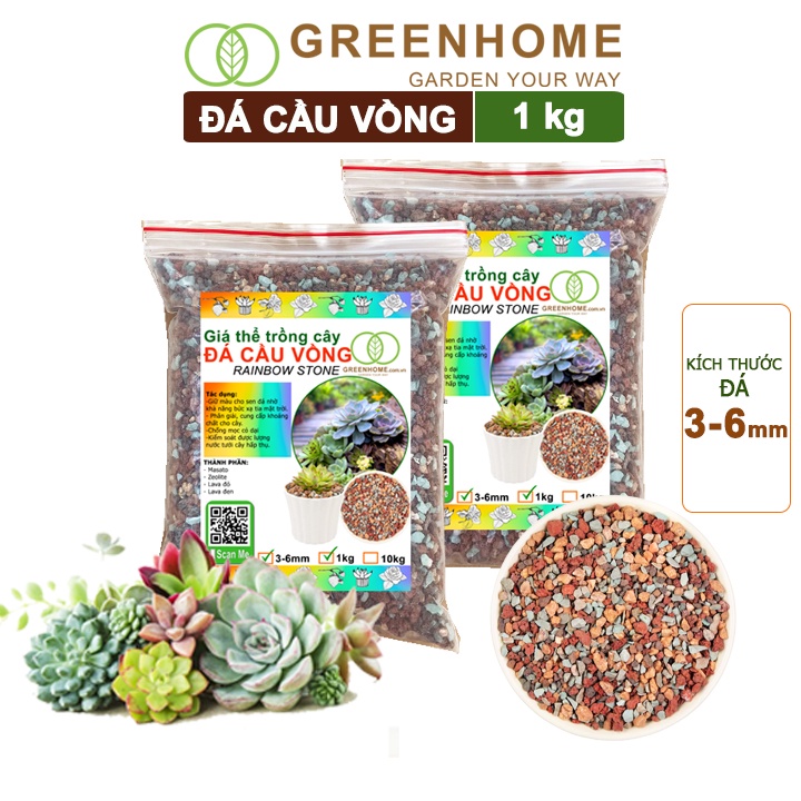 Đá cầu vồng Greenhome, bao 1kg, kích rễ, đậm màu, thoát nước tốt, chuyên xương rồng, sen, bonsai