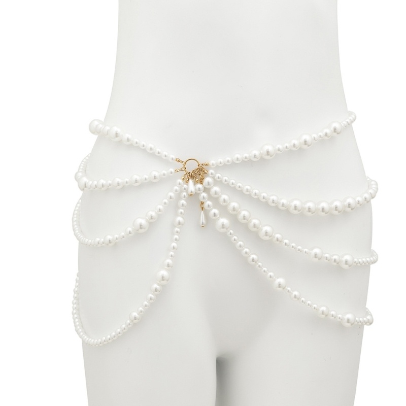 Bộ bikini ngọc trai với dây xích ngực và eo, trang sức cơ thể sang trọng