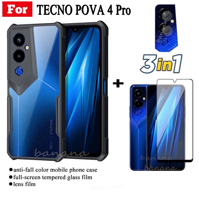 Ốp điện thoại chống sốc 3in1 Tecno Pova 4 Pro + màng kính cường lực + Phim ống kính máy ảnh