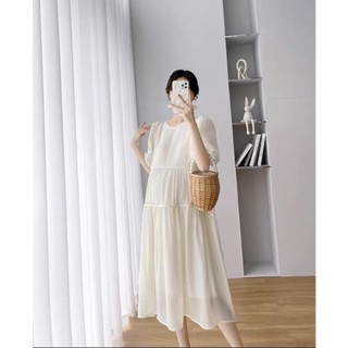 Đầm bầu xinh babydoll màu kem Viba [VB71] thiết kế 3 tầng chất liệu tơ óng mềm mại phù hợp đi chơi đi tiệc
