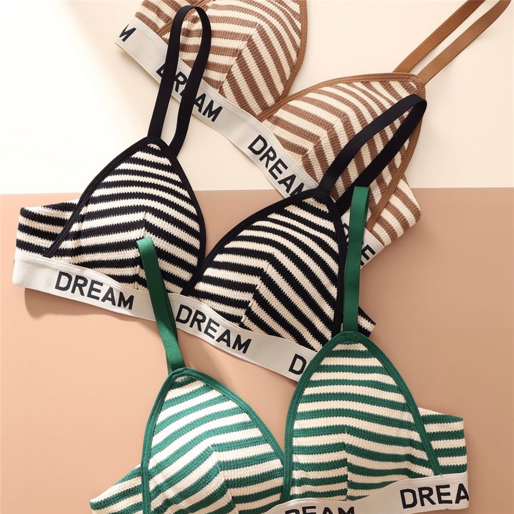 1 Bộ Áo Ngực + Quần Lót Cotton Mỏng Kẻ Sọc Thời Trang Thoải Mái Thân Thiện Với Da Không Gọng Cho Nữ
