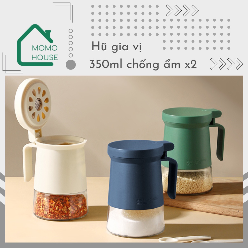Hũ Đựng Gia Vị To Có Tay Cầm 350ml MOMOHOUSE, Lọ Đựng Gia Vị Thuỷ Tinh Có Vòng Silicon Và Gói Chống Ẩm