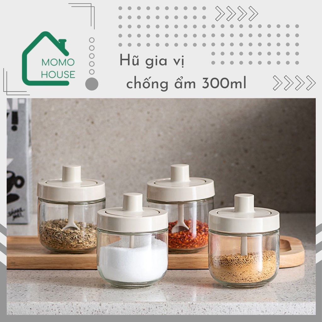 Hũ Đựng Gia Vị Thuỷ Tinh Nắp Siêu Kín MOMOHOUSE Có Vòng Silicon Chống Ẩm, Bộ Đựng Gia Vị Nhà Bếp Cao Cấp 300ml