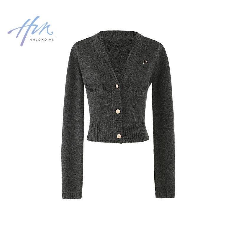 Hhjdxd Áo Khoác Cardigan Tay Dài Cổ Chữ V Dáng Ôm Màu Xám Dễ Phối Đồ Phong Cách Preppy