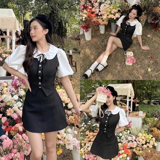 [S2.3052] Set 3 Món Áo Sơmi Tay Bồng Mix Gile +Chân Váy Linen 2 Lớp Có Ảnh Thật