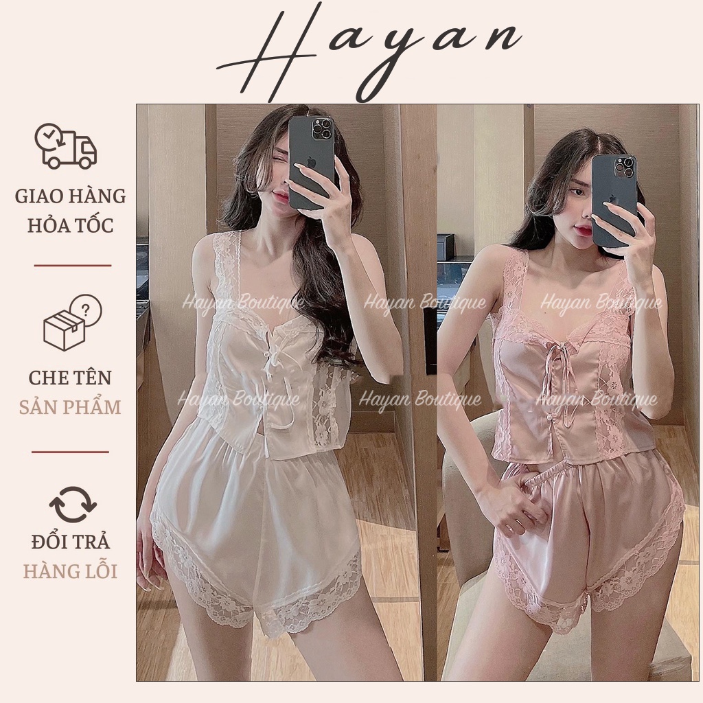 HT58 Bộ ngủ sexy hoạ tiết ren hoa xẻ hông gợi cảm, đồ ngủ lụa sexy mặc nhà tôn dáng HT58