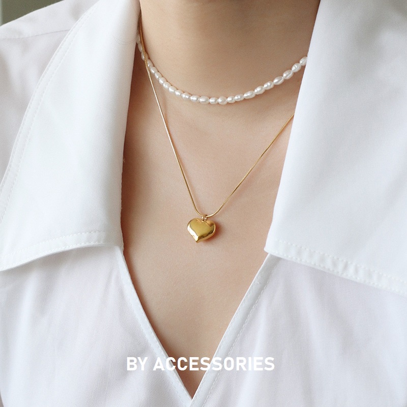 Dây chuyền nữ titan kiểu mì phối mặt trái tim vintage mạ vàng 18K không gỉ WN2310